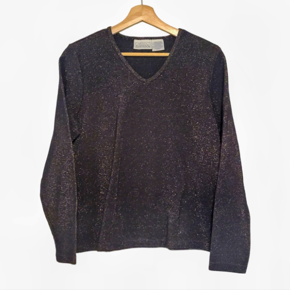 Basic Editions Black & Gold Metallic V-Neck Sweater Size L